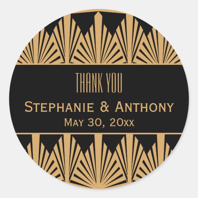Sticker Rond Merci Mariage Motif Gold et Black Art Déco (Devant)
