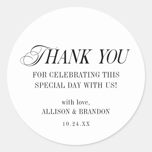Sticker Rond Merci Mariage noir et blanc classique (Devant)