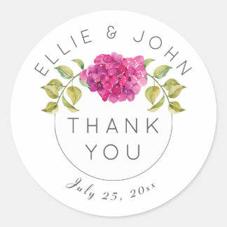 Sticker Rond Merci Mariage personnalisé Hot rose Hydrangea