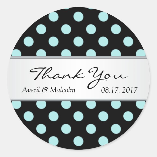 Sticker Rond Merci Mariage pois noir et turquoise (Devant)