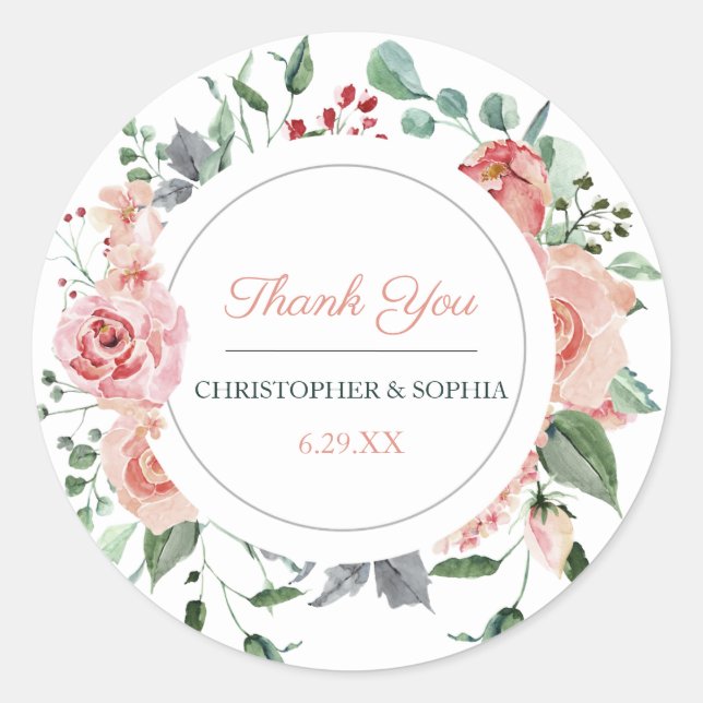 Sticker Rond Merci Mariage romantique à fleurs roses (Devant)
