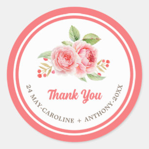Sticker Rond Merci. Mariage Rose aquarelle