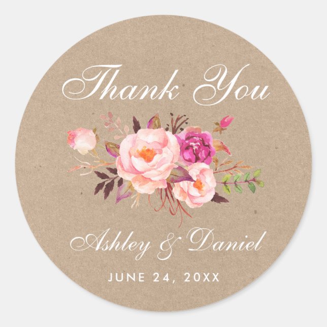 Sticker Rond Merci Mariage rose pâle à fleurs Kraft (Devant)