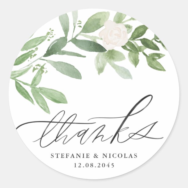 Sticker Rond Merci Mariage vert et fleurs blanches (Devant)