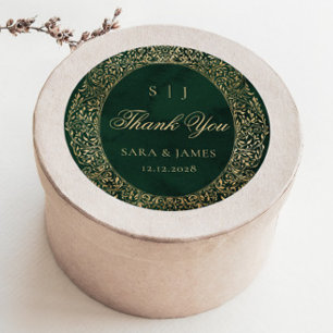 Sticker Rond Merci Mariage victorien orné d'or vert