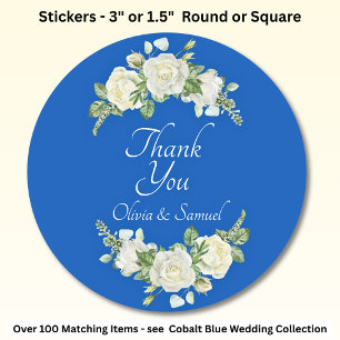 Sticker Rond Merci Mariée, Noms des Mariés Cobalt Bleu & Blanc 