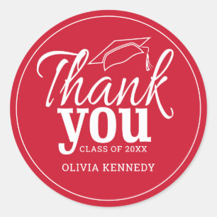 Sticker Rond Merci Moderne De Graduation Rouge Et Blanc