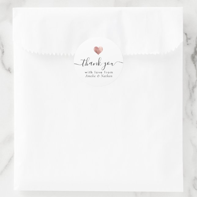 Sticker Rond Merci moderne Script Rose Gold Heart Mariage (Sac)