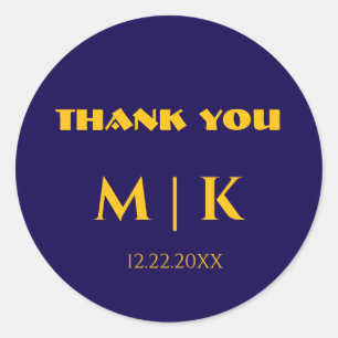 Sticker Rond Merci Monogrammes Mariage or jaune bleu