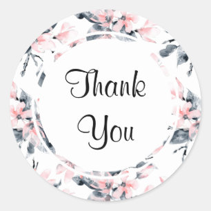 Sticker Rond Merci Motif rose et gris en aquarelle