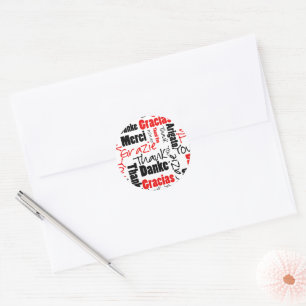 Sticker Rond Merci multilingue rouge noir