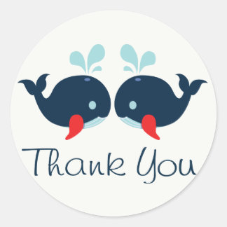 Sticker Rond Merci nautique Marine Blue & Red Whales Mariage