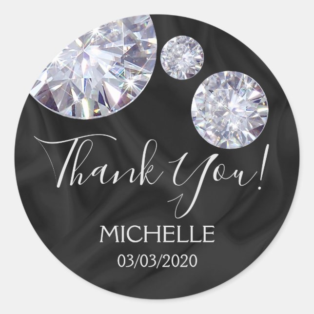 Sticker Rond Merci Nom 16 anniversaire diamants de soie noire (Devant)