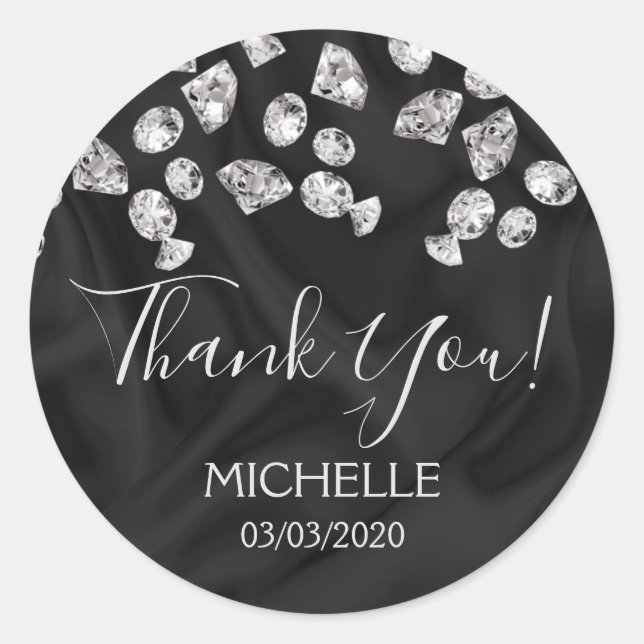 Sticker Rond Merci Nom 16 anniversaire diamants de soie noire (Devant)