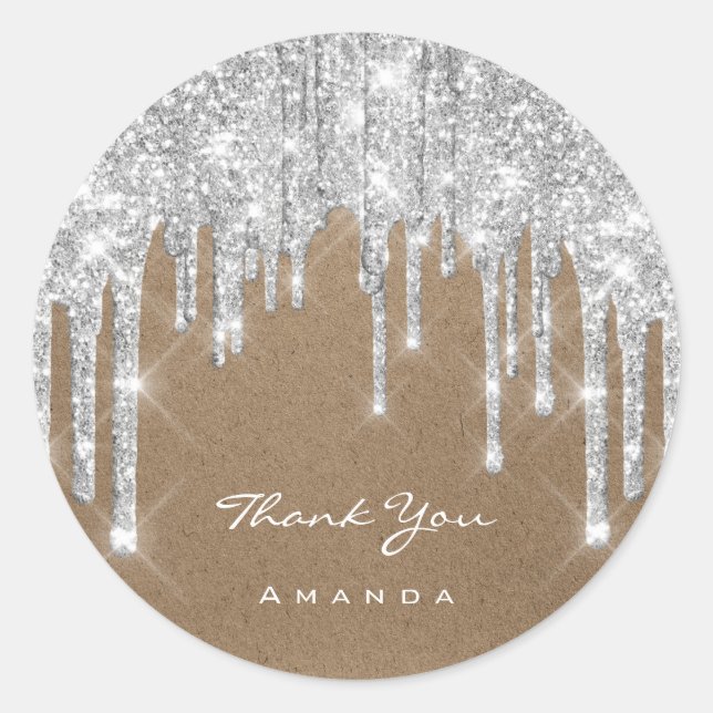 Sticker Rond Merci Nom 16e Bridal Grey Silver Paper Kraft (Devant)