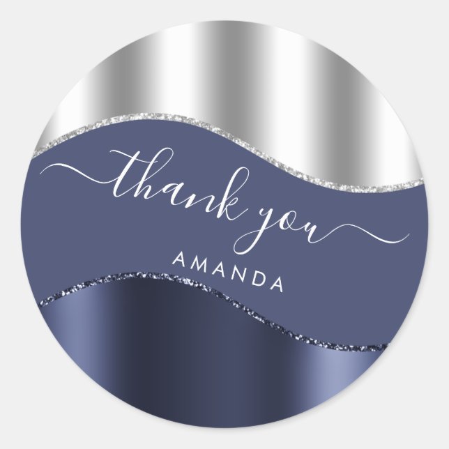 Sticker Rond Merci Nom 16e Marée Bleue Marine Blanc Argent (Devant)