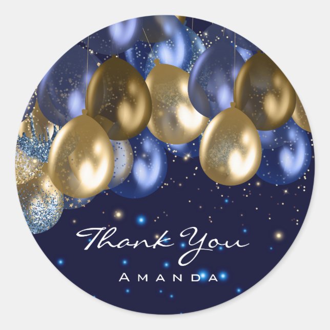 Sticker Rond Merci Nom 16e mariage nuptialeGlitter Ballon Marin (Devant)