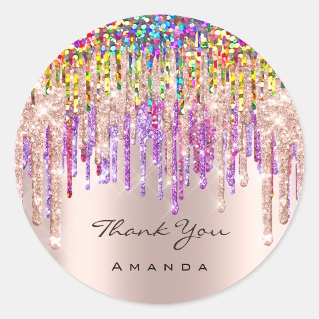 Sticker Rond Merci Nom 16e Parties scintillant de Rose nuptiale (Devant)