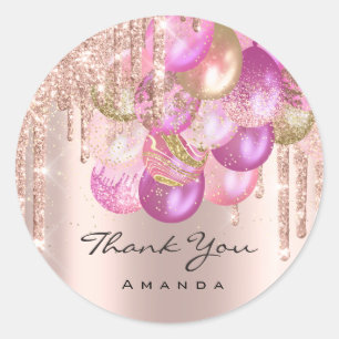 Sticker Rond Merci Nom 16e Rose nuptiale Parties scintillant Ba