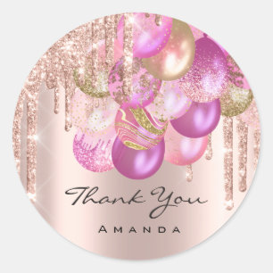 Sticker Rond Merci Nom 16e Rose nuptiale Parties scintillant Ba