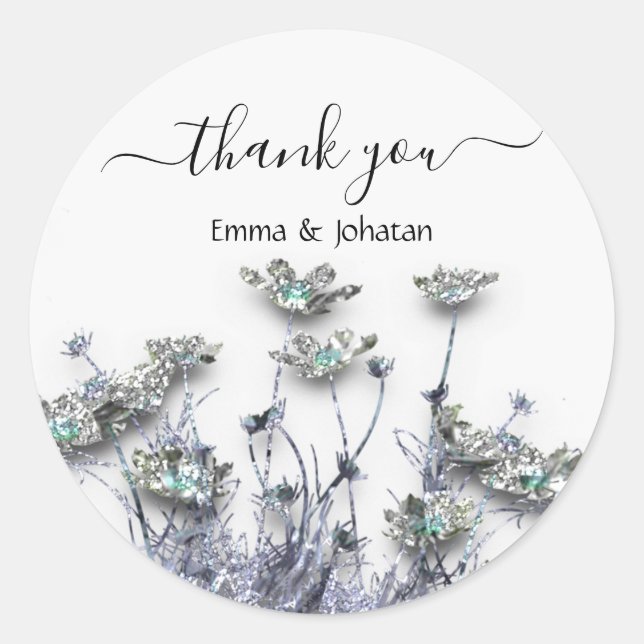 Sticker Rond Merci Nom 16ème Fleurs de Prairie Mariage Gris (Devant)