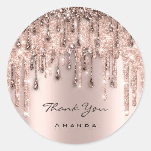 Sticker Rond Merci Nom 16ème Rose Mariage Paillettes Gouttes