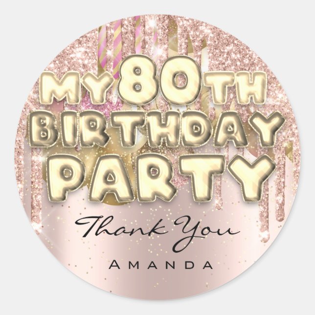 Sticker Rond Merci Nom 80e anniversaire Parties scintillant Ros (Devant)