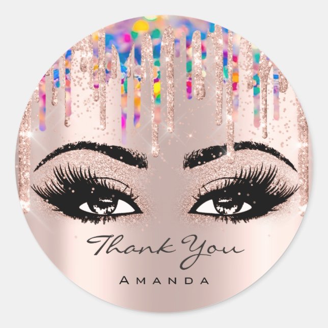 Sticker Rond Merci Nom Confetti Rose Parties scintillant Eyelas (Devant)
