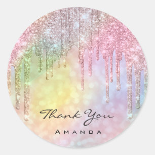 Sticker Rond Merci Nom Douce 16ème Rose Holographique Mariage