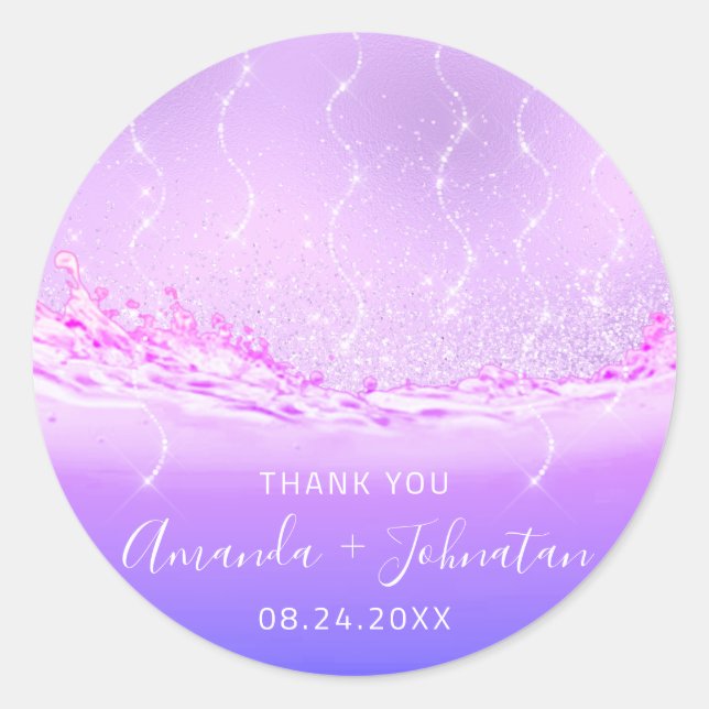 Sticker Rond Merci Nom du Rose Date Étincelle Purple Waves Rose (Devant)