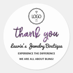 Sticker Rond Merci Nom du script Logo Parties scintillant viole