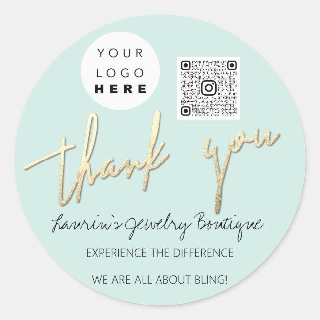 Sticker Rond Merci Nom du script Logo Qr Code Online Aqua (Devant)