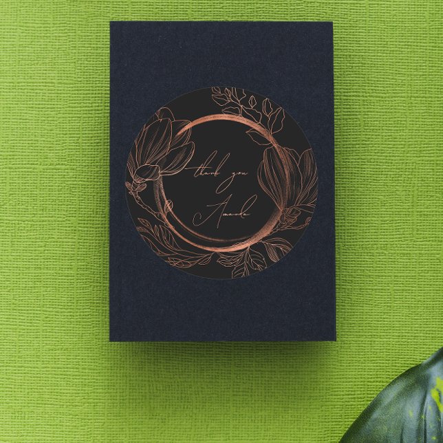 Sticker Rond Merci Nom Floral Cuivre Mariage Noir Bride  (Thank You Name Floral Copper Black Wedding Bridal Classic Round Sticker)