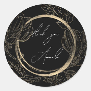 Sticker Rond Merci Nom Floral Noir Blanc Or