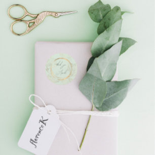 Sticker Rond Merci Nom Floral Vert Or Mariage Robe de Mariée