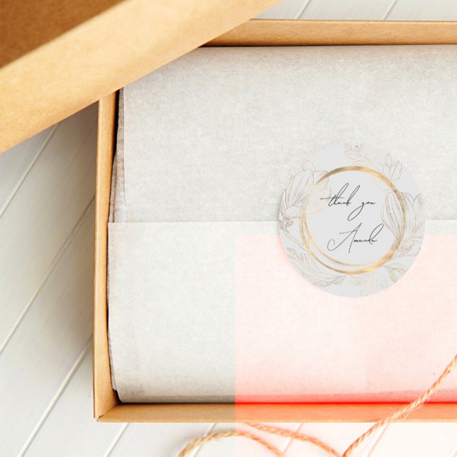 Sticker Rond Merci Nom Gris Floral Frame Circle Pastel Cla (Thank You Name Gray Floral Frame Circle Pastel Cla Classic Round Sticker)