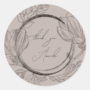 Sticker Rond Merci Nom Magnolia Floral Brun Gris Fumé