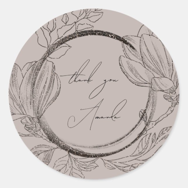 Sticker Rond Merci Nom Magnolia Floral Brun Gris Fumé (Devant)
