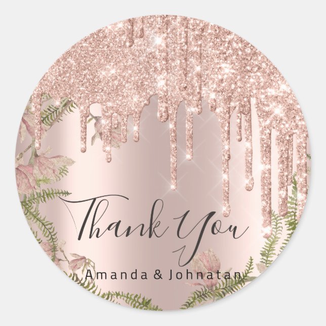 Sticker Rond Merci Nom Mariage Parties scintillant Rose Floral (Devant)