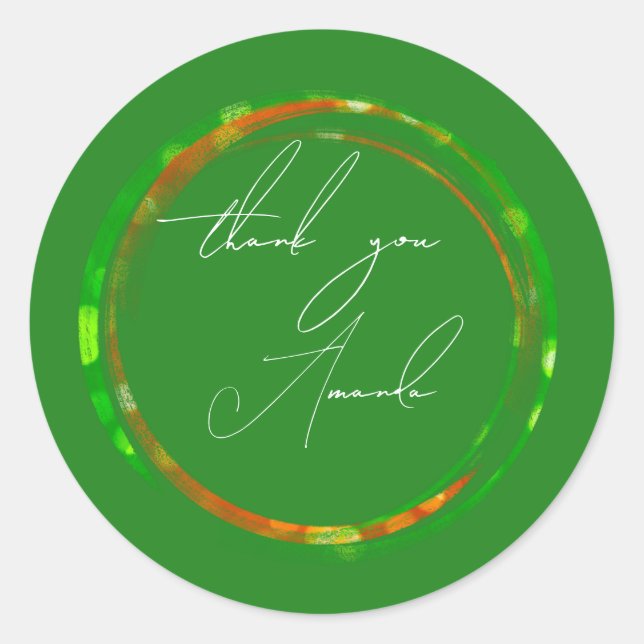 Sticker Rond Merci Nom Vert Cuivre Orange Bois (Devant)