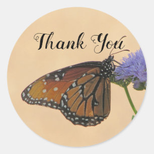 Sticker Rond Merci Orange Monarch Floral Photo Papillon