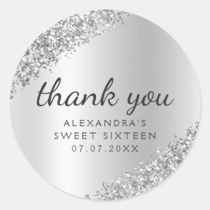 Sticker Rond Merci Parties scintillant Argent Fille Douce 16
