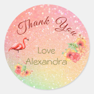 Sticker Rond Merci Parties scintillant Flamant rose tropical Fl