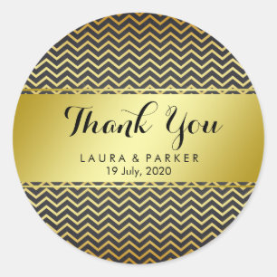 Sticker Rond Merci Parties scintillant Mariage or Chevron Noir