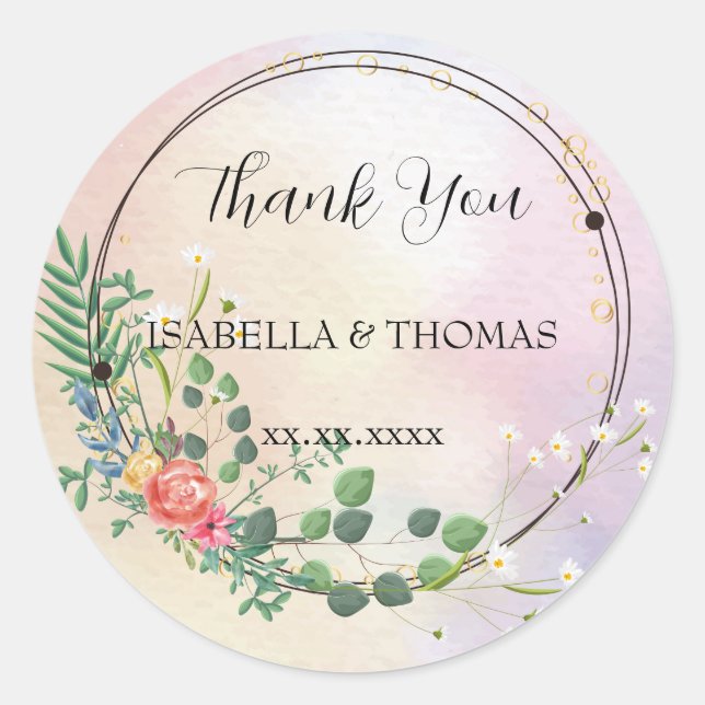 Sticker Rond Merci pastel floral élégant Mariage (Devant)