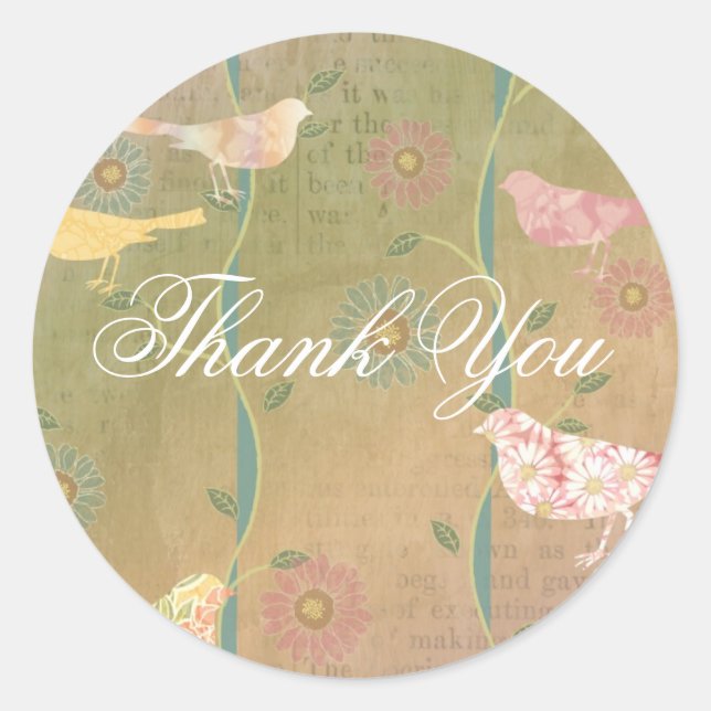 Sticker rond Merci Pastel Flower Birds (Devant)