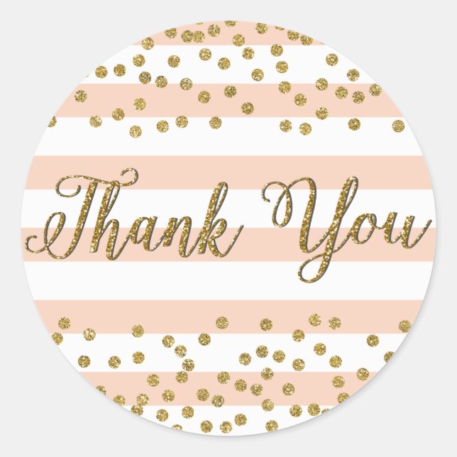 Sticker Rond Merci Peach White Stripe Gold Confetti Party (Devant)