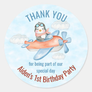 Sticker Rond Merci Penguin Avion Bleu Anniversaire