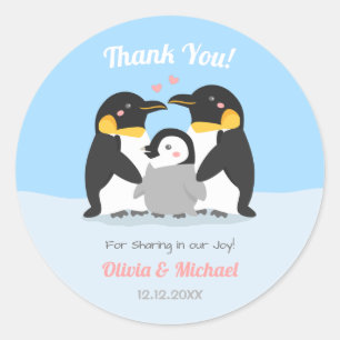 Sticker Rond Merci Penguin Famille Baby shower Décoratif