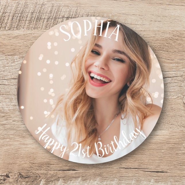 Sticker Rond Merci personnalisé Simple moderne Photo 21e annive (Custom Thank You Simple Modern 21st Birthday Photo Classic Round Sticker
)